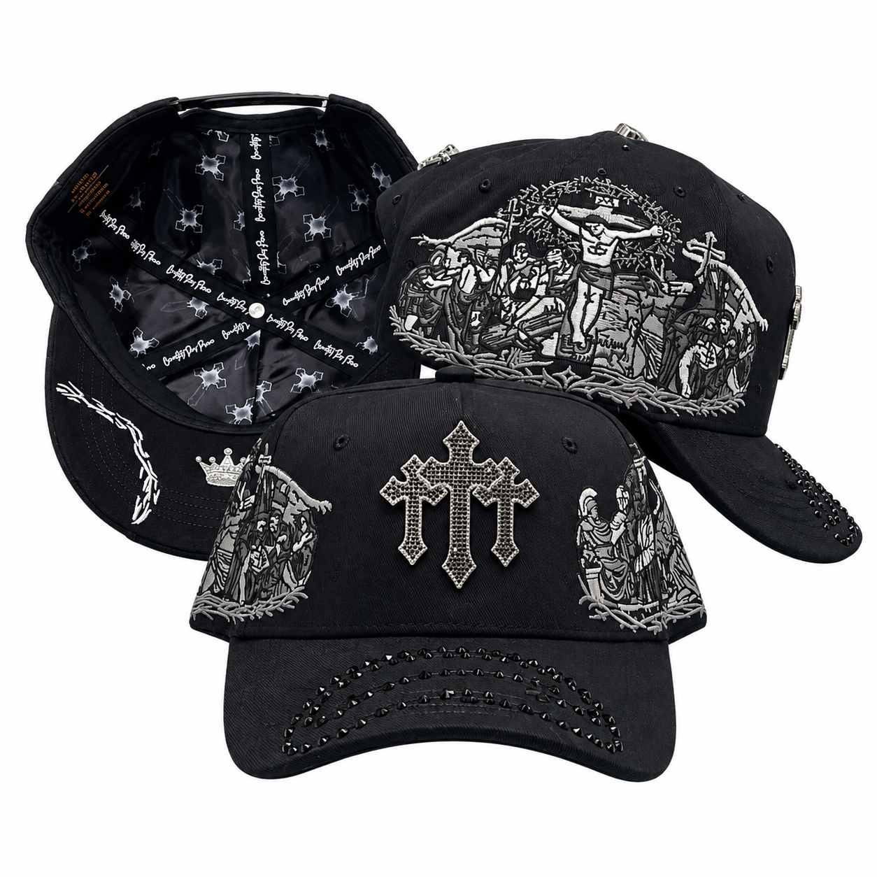 Gothic Rhinestone Triple Cross Embroidered Snapback Cap - Black Streetwear Hat