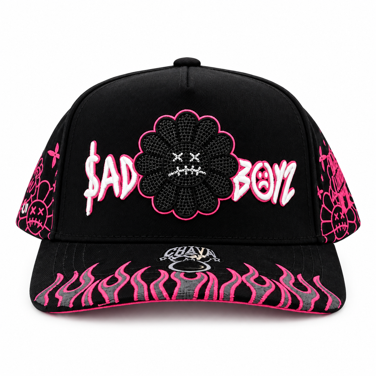 $AD BOY" Gothic Flower & Flames Embroidered Snapback Cap - Black/Pink Streetwear Hat