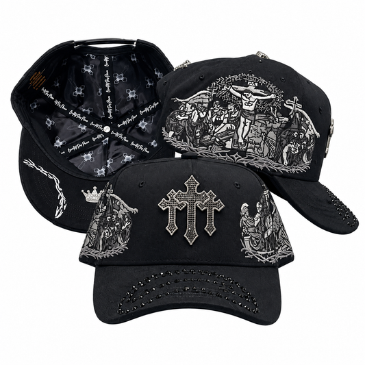 Gothic Rhinestone Triple Cross Embroidered Snapback Cap - Black Streetwear Hat