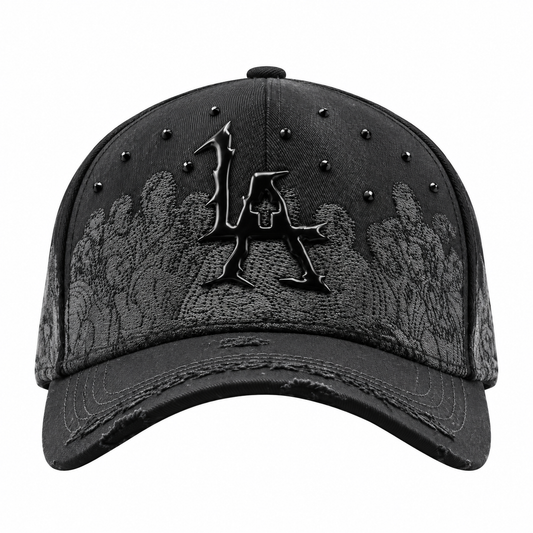 Gothic "LA" Logo Distressed Snapback Cap - Black Urban Streetwear Hat