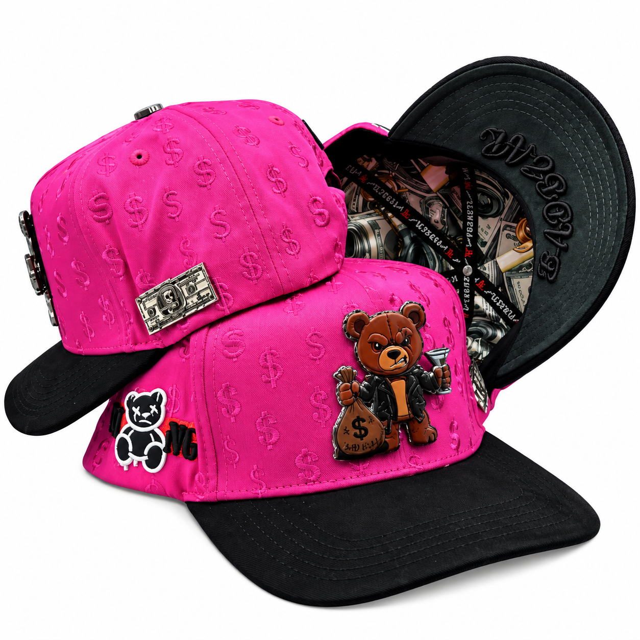 Pink & Black "Bad Bear" Money Print Streetwear Snapback Cap