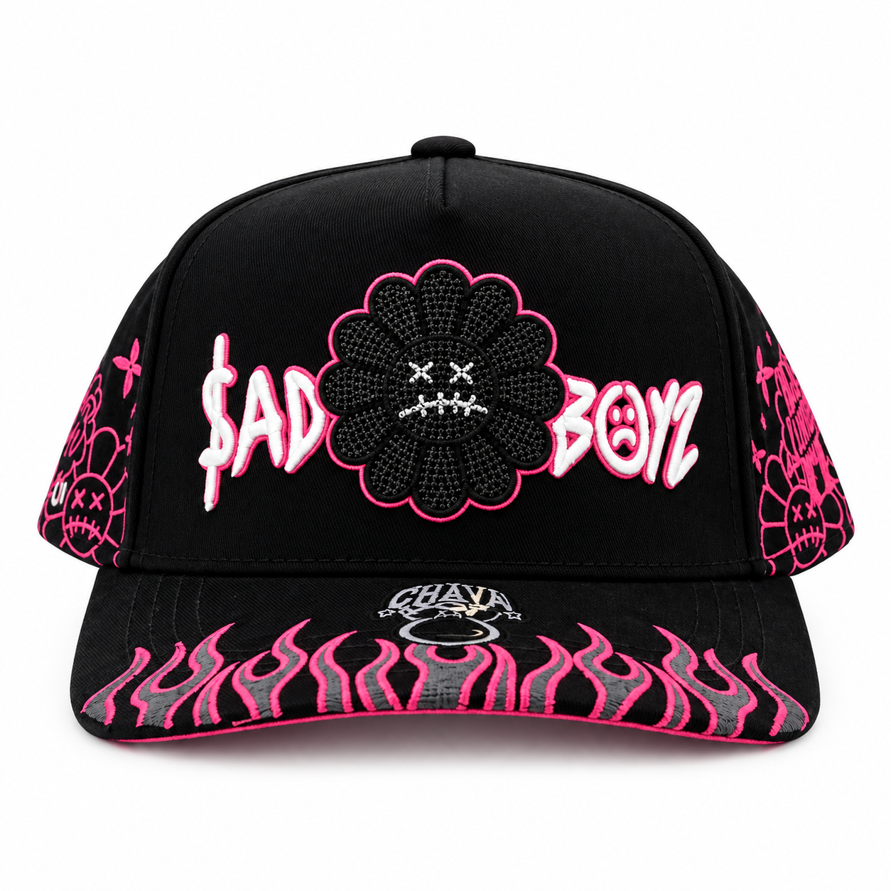 $AD BOY" Gothic Flower & Flames Embroidered Snapback Cap - Black/Pink Streetwear Hat