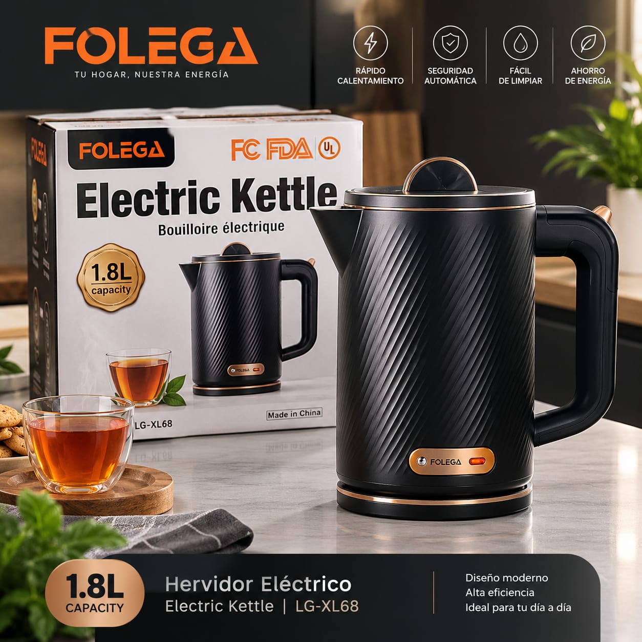 OLEGA 1.8L Electric Kettle 1500W Stainless Steel Tea Boiler Auto Shut Off Black